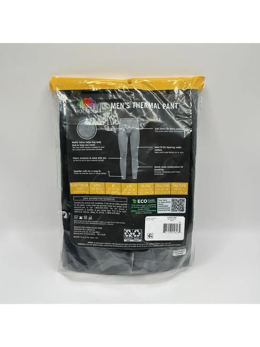 Fruit Of The Loom 1 Men’s Thermal Pant Black Soft Warm Dry Small